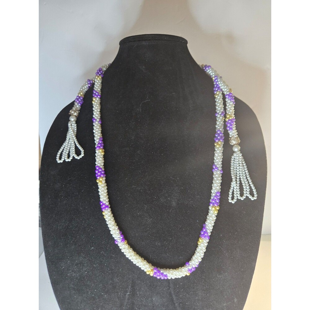Vintage Faux Pearl Necklace with Purple Grapes Design